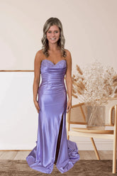 Lace Lavender Prom Dress Ruched Sweetheart Fitted Formal Dress